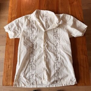 VSTR Men's Beige Embroidered 'Hula Girl' Hawaiian Shirt Size M